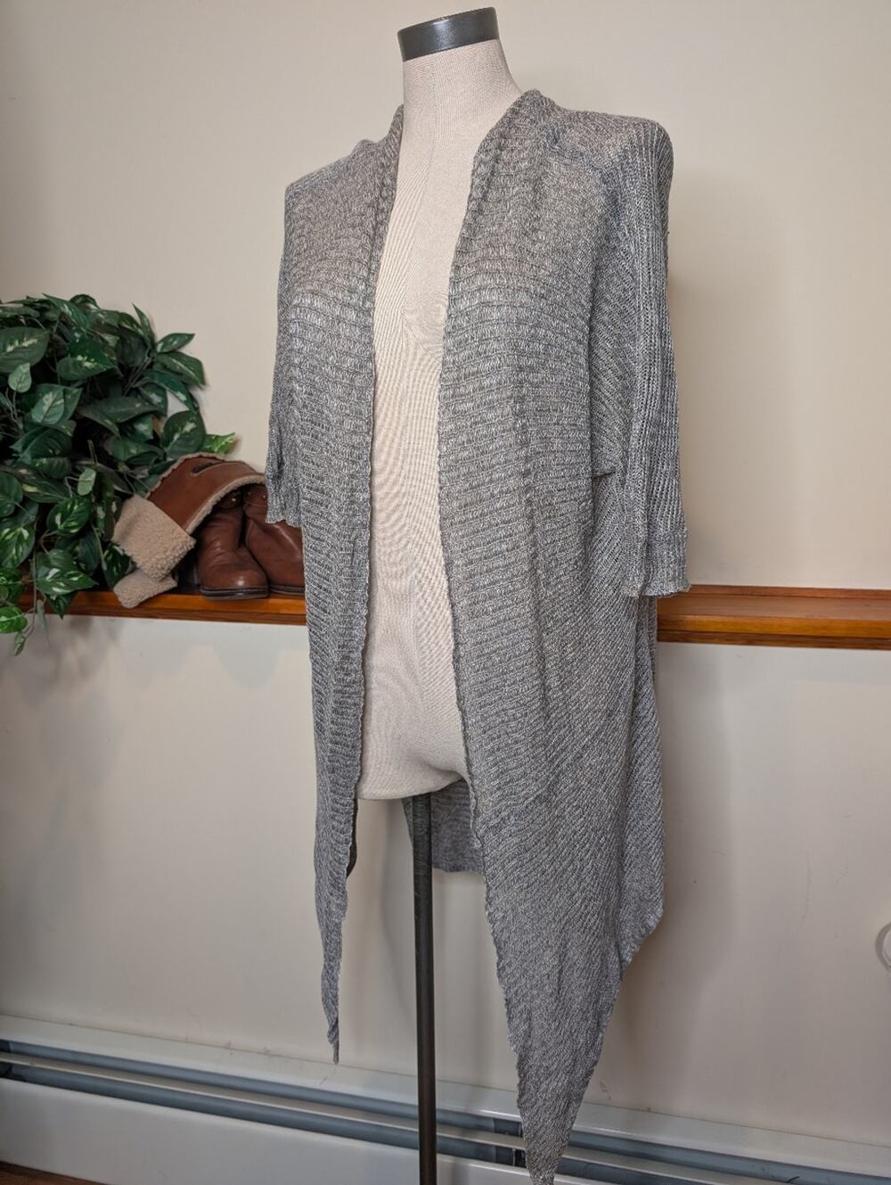 Eileen Fisher 100% Linen Open Cardigan Draped Duster Gray Italian Yarn Size S